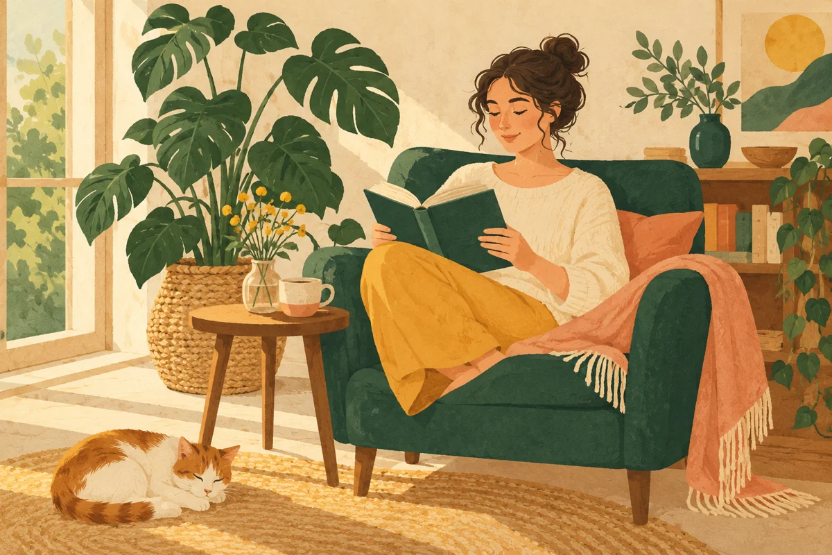 Illustration d’une personne lisant dans un fauteuil, près d’une plante