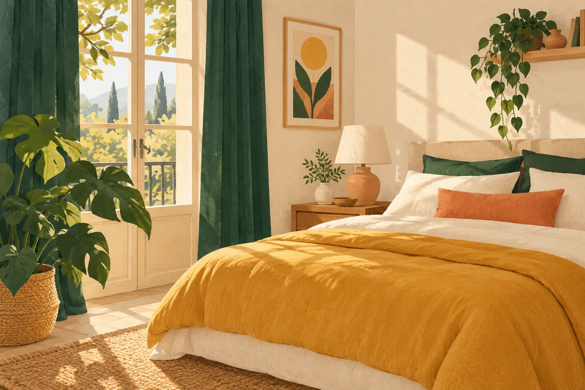 Illustration d’une chambre lumineuse, avec une couette ocre et une plante près de la fenêtre